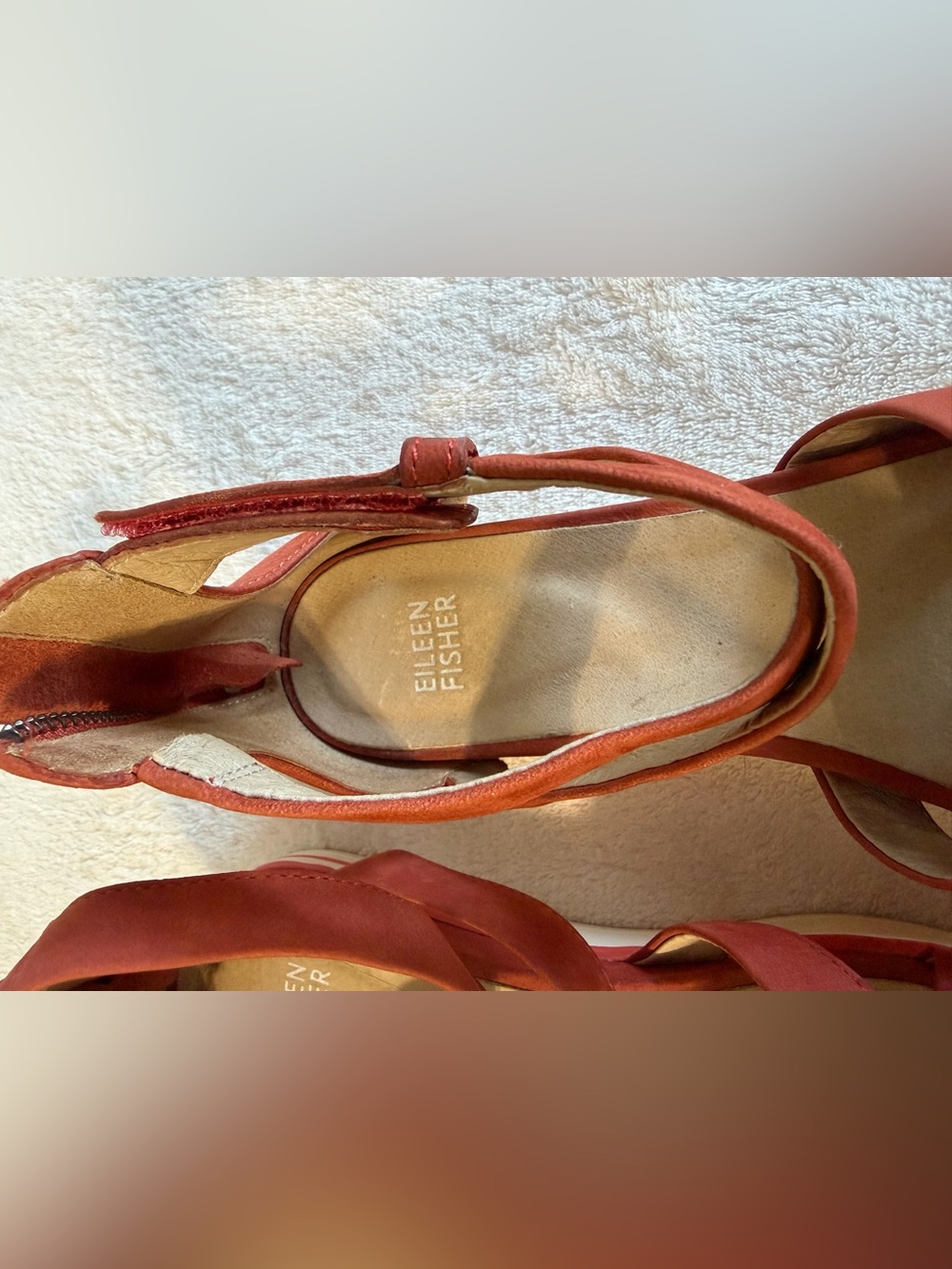 Eileen Fisher SALLY Wedge Sandals Back-Zip Leather Sz 8 Women Orange/White - Picture 6 of 9